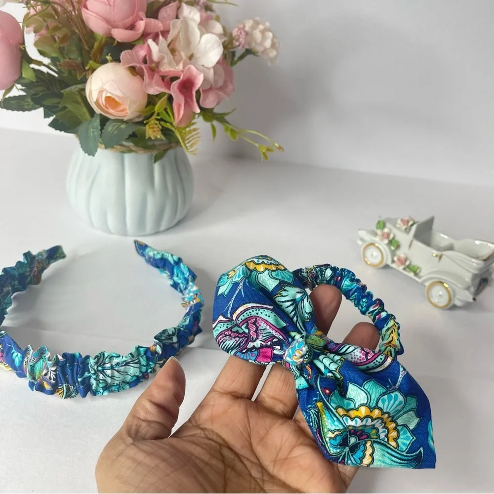 Ruffle Headbands end Scrunchie Set Girls Handmade Hair floral blue